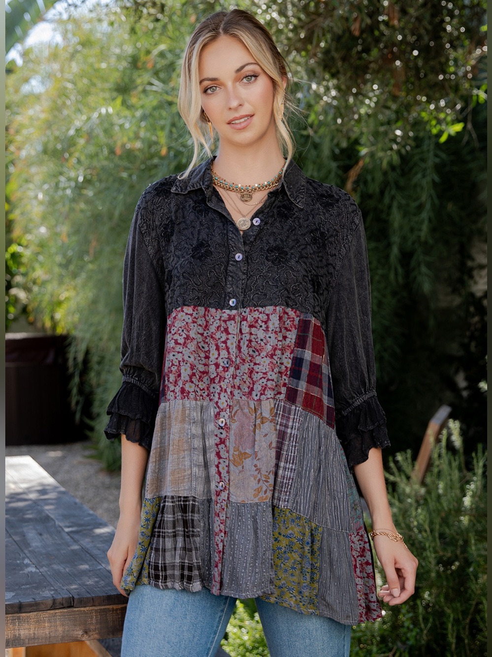 Patchwork Boho Long Sleeve Tunic Dress - Black Multi